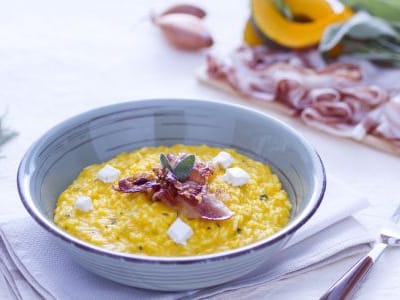 Ризото с тиква, меко сирене и хрупкав бекон